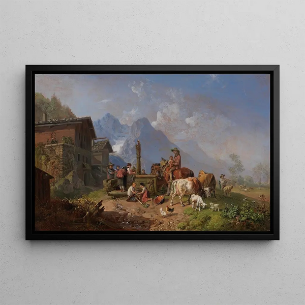 Heinrich Brkel - Gebirgsdorf mit Brunnen Im Hintergrund das Wettersteingebirge.webp