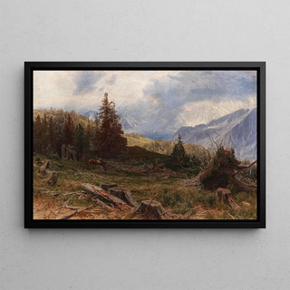 Heinrich Tomec - Hirsch in weiter Landschaft mit Windbruch.webp