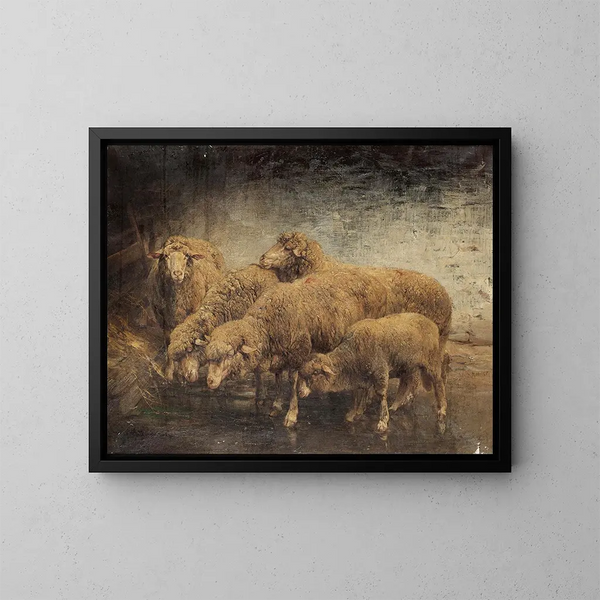 Moutons dans une grange - Heinrich von Zügel — inramlat konstverk på väggen