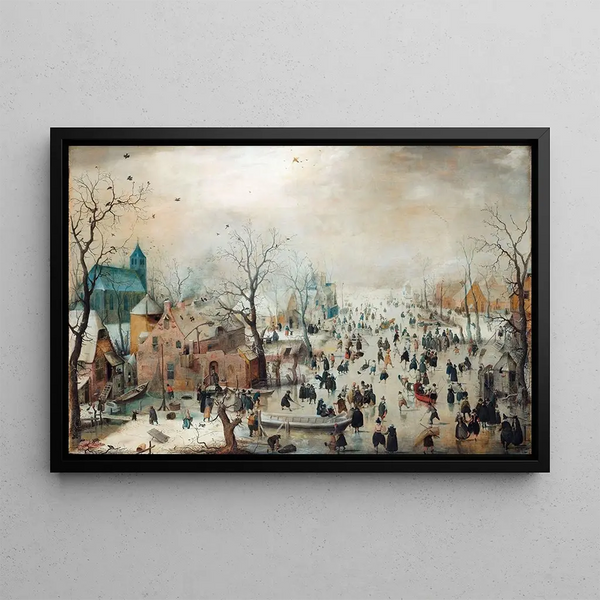 vinterlandskap med skridskoåkare - Hendrick Avercamp — inramlat konstverk på väggen