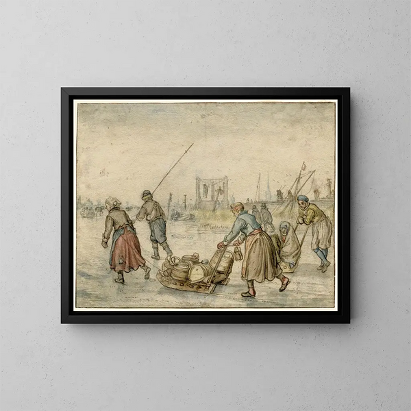 vinterlandskap med två kvinnor och en pulka och andra figurer på isen, en galge i fjärran - Hendrick Avercamp — inramlat konstverk på väggen