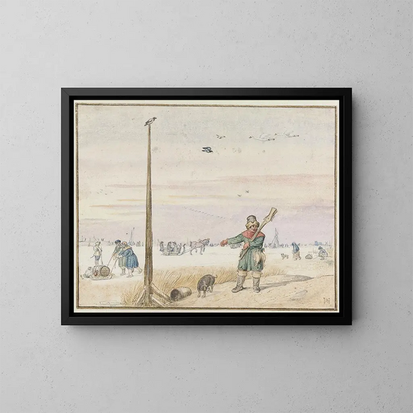 vinterlandskap med en andjägare, viltet i bältet och hans gevär på axeln, vid kanten av en frusen flod - Hendrick Avercamp — inramlat konstverk på väggen