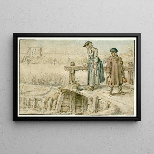 Hendrick Avercamp - Winter Landscape with a Woman and a Youth on a Small Bridge Skaters and a Gallows in the Distance.webp