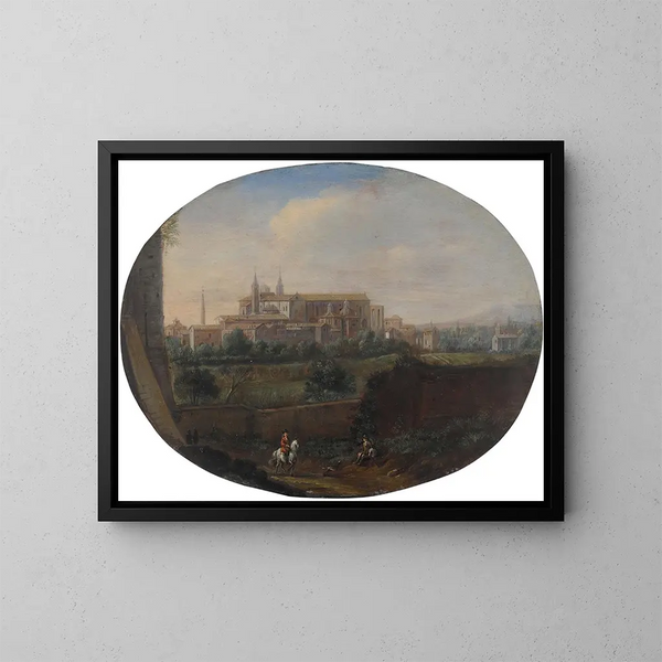 Vue de Rome depuis un jardin, regardant vers le sud en direction de San Giovanni in Laterano, vue de derrière - Hendrick Frans van Lint — inramlat konstverk på väggen