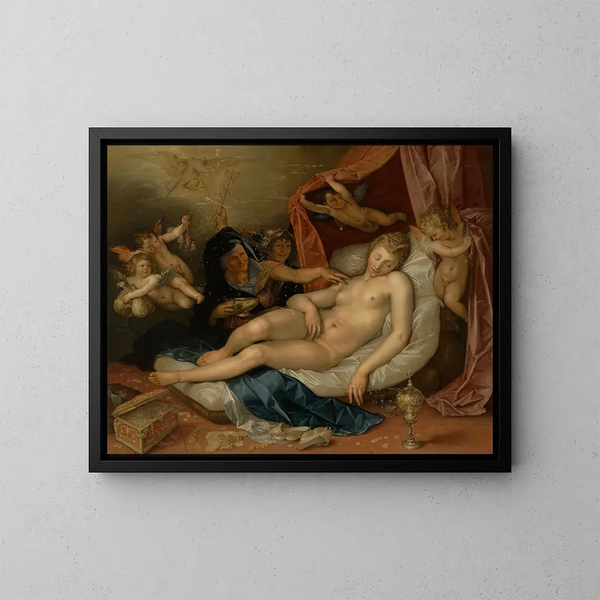 La Danaé endormie redo att ta emot Jupiter - Hendrick Goltzius — inramlat konstverk på väggen