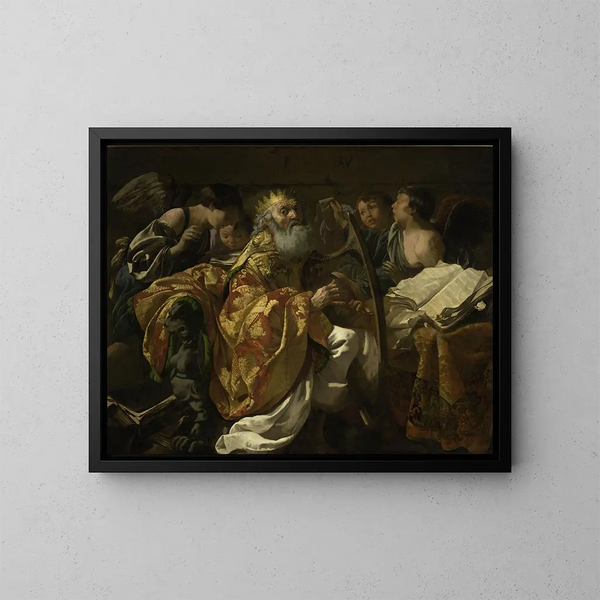 kung David som spelar harpa bland änglar - Hendrick Ter Brugghen — inramlat konstverk på väggen