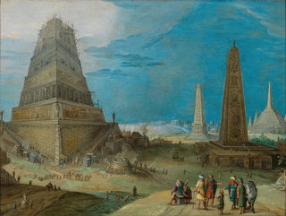 Nimrod som övervakar byggandet av Babels torn - Hendrick van Cleve III — vy av konstverket