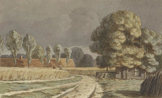 Hendrik Abraham Klinkhamer - Korenveld tussen huizen onder een dreigende onweerslucht te Hilversum.webp
