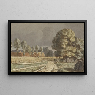 Hendrik Abraham Klinkhamer - Korenveld tussen huizen onder een dreigende onweerslucht te Hilversum.webp