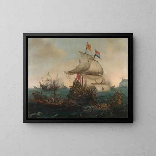 Nederländska skepp som krockar med spanska galärer utanför den engelska kusten, 3 oktober 1602 - Hendrik Cornelisz Vroom — inramlat konstverk på väggen