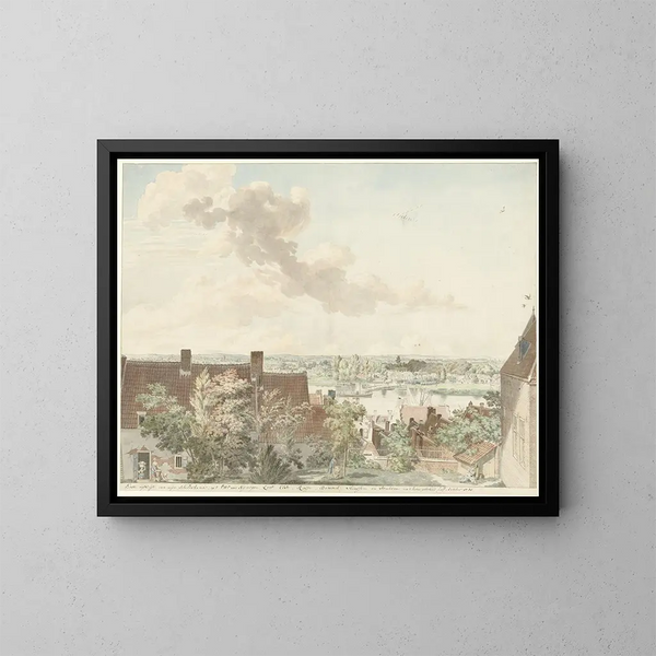 Vue de Nimègue avec un bateau sur la rivière - Hendrik Hoogers — inramlat konstverk på väggen