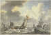 Mer agitée, de nombreux navires sortent, à droite un bateau de pêche tire un filet - Hendrik Kobell — vy av konstverket
