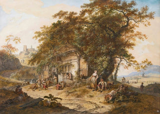 Hendrik Meijer - Extensive Landscape With Peasants Resting Before A Tavern Others Harvesting In The Distance And A Church On A Hill Behind.webp