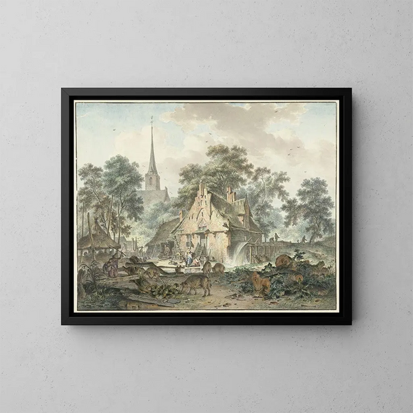 vattenkvarn och bykyrka - Hendrik Meijer — inramlat konstverk på väggen
