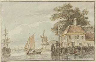 Hendrik Spilman - Haus am Wasser und Windmhle dabei mehrere Schiffe.webp