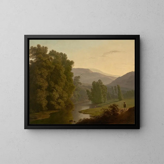 Hendrik Voogd - A landscape with figures by a river and mountains in the distance.webp