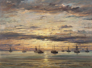 Hendrik Willem Mesdag - Sunset at Scheveningen  A Fleet of Fishing Vessels at Anchor.webp