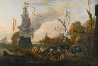 Hendrik van Minderhout - A Levantine Harbour With A Galley And A ManOfWar Coming In To Anchor Together With Many Figures On Shore.webp