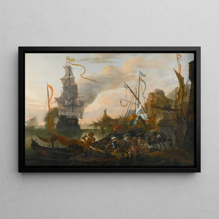Hendrik van Minderhout - A Levantine Harbour With A Galley And A ManOfWar Coming In To Anchor Together With Many Figures On Shore.webp