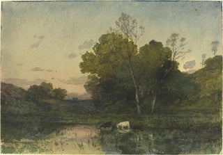 HenriJoseph Harpignies - Evening Light on a Wooded Lakeside with Cattle Drinking.webp