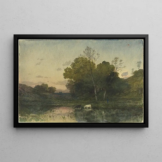 HenriJoseph Harpignies - Evening Light on a Wooded Lakeside with Cattle Drinking.webp