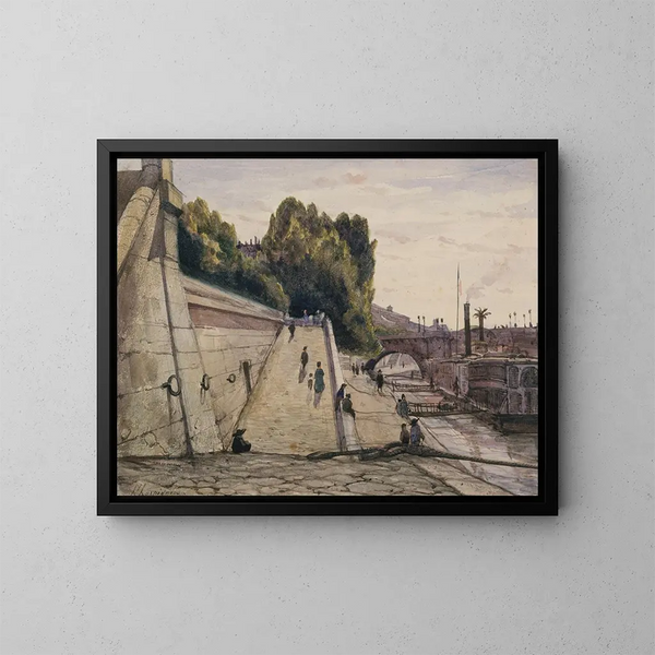Les Bains de la Samaritaine, Seine på Quai du Louvre, 1:a arrondissement - Henri-Joseph Harpignies — inramlat konstverk på väggen