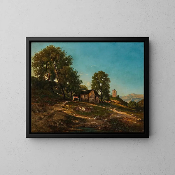 Landskapsmålning sommar med gård - Henri-Joseph Harpignies — inramlat konstverk på väggen