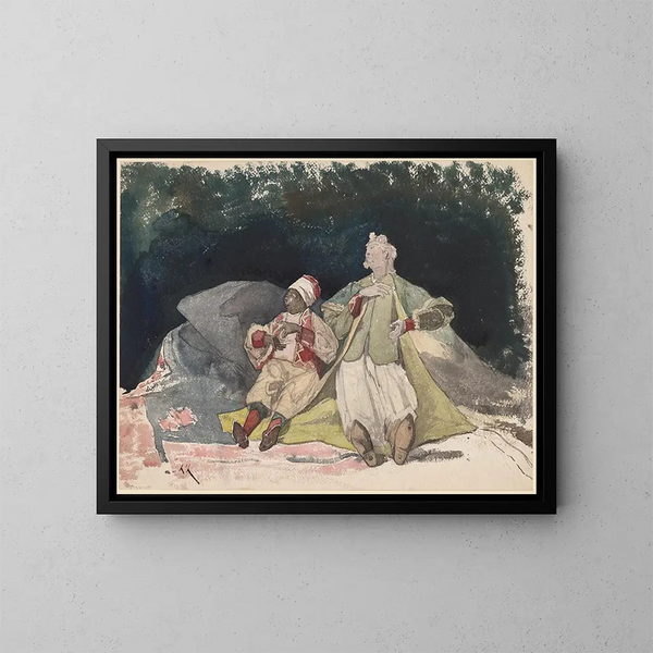 två dockor eller marionetter sittande på kuddar - Henri-Joseph Harpignies — inramlat konstverk på väggen