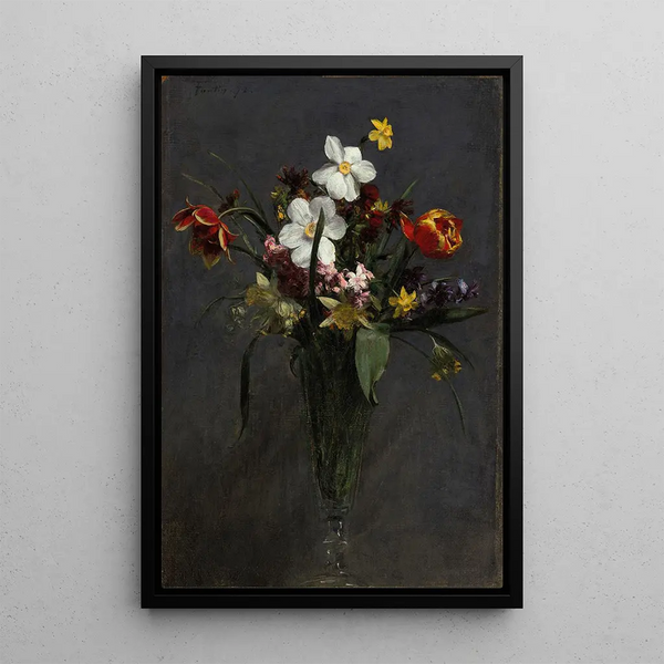 Vårblomster: tulpaner, narcissusar, jasminknoppar, påskliljor och krolliljor - Henri Fantin-Latour — inramlat konstverk på väggen