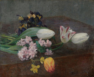 Jacinthes, tulpaner och penséer placerade på ett bord - Henri Fantin-Latour — vy av konstverket
