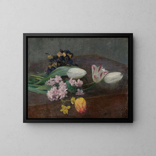 Jacinthes, tulpaner och penséer placerade på ett bord - Henri Fantin-Latour — inramlat konstverk på väggen