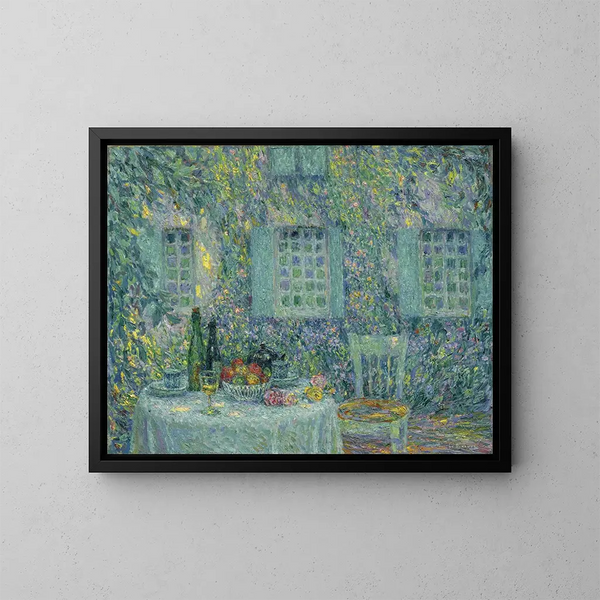 La Table au soleil dans les feuilles de Gerberoy - Henri Le Sidaner — inramlat konstverk på väggen