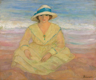 en ung flicka som sitter på stranden - Henri Lebasque — vy av konstverket