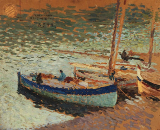 Bouquet de bleuets et barques au port - Henri Martin — vy av konstverket