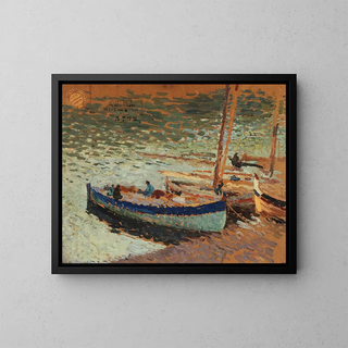 Bouquet de bleuets et barques au port - Henri Martin — inramlat konstverk på väggen
