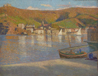 fem fiskare och deras förliste båt på stranden i Collioure - Henri Martin — vy av konstverket