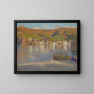 fem fiskare och deras förliste båt på stranden i Collioure - Henri Martin — inramlat konstverk på väggen