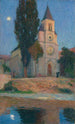 månuppgång bakom kyrkan i La Bastide-du-Vert - Henri Martin — vy av konstverket