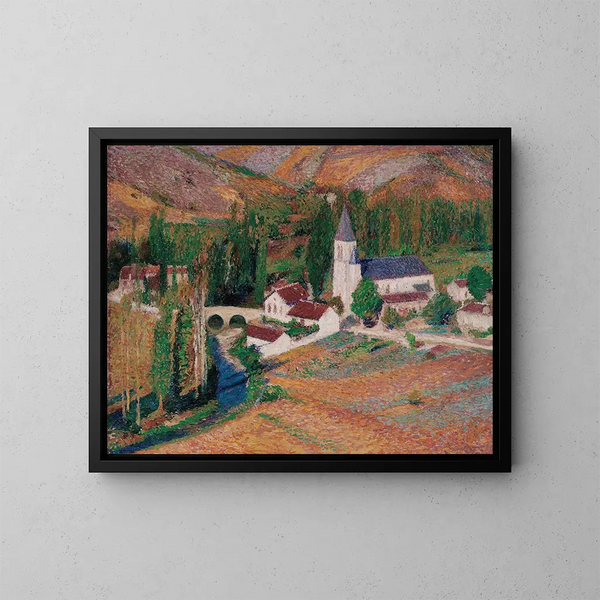Labastide-du-Verts kyrka med bron och floden en höstkväll - Henri Martin — inramlat konstverk på väggen