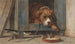 en spionerande katt bland fåglar nära en sovande hund - Henriette Ronner-Knip — vy av konstverket