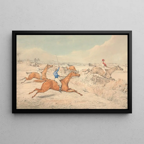 Hinderlöpning, Fyra ryttare som korsar en vallgrav och ett oxer - Henry Thomas Alken — inramlat konstverk på väggen
