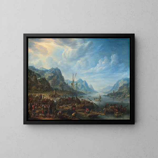 Vue d'une rivière avec des amarrages de bateaux - Herman Saftleven — inramlat konstverk på väggen