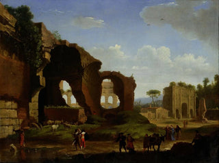 En romersk vy av ruinerna av Venus- och Roms tempel med Colosseum och Konstantins båge - Herman van Swanevelt — vy av konstverket