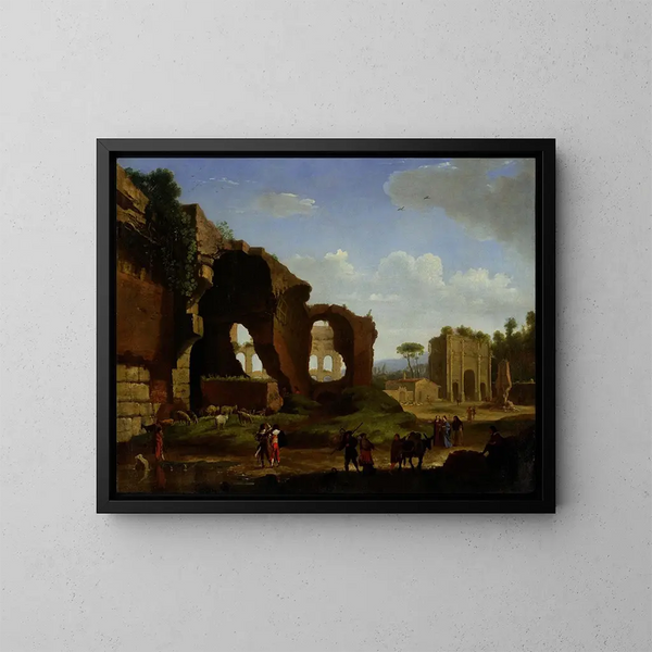 En romersk vy av ruinerna av Venus- och Roms tempel med Colosseum och Konstantins båge - Herman van Swanevelt — inramlat konstverk på väggen