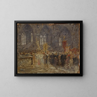 Procession framför en kyrka - Hermann Braun — inramlat konstverk på väggen