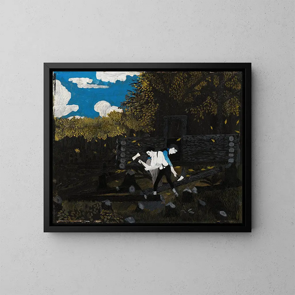 Abraham Lincoln och hans far som bygger sitt skjul vid Pigeon Creek - Horace Pippin — inramlat konstverk på väggen
