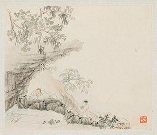 Hua Yan - A Man Lies under a Rocky Overhang a Boy Stands to his Right.webp