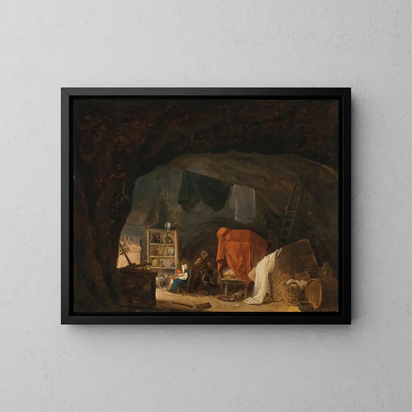 En familj i en grotta - Hubert Robert — inramlat konstverk på väggen