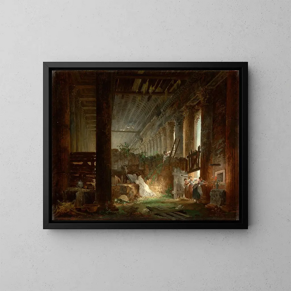 En eremit som ber i ruinerna av ett romerskt tempel - Hubert Robert — inramlat konstverk på väggen
