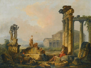En landskap med herdar och fårskallar bland antika ruiner med statyn av Castor och Pollux och Pantheon i fjärran - Hubert Robert — vy av konstverket